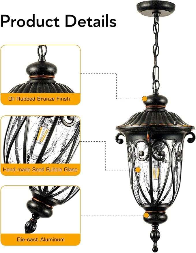 VIANIS Large Outdoor Pendant Light, Vintage Outdoor Chandelier, Farmhouse Waterproof Hanging Lights with Seed Glass, Ceiling Lights for Porch, House, Garden, Doorway, Anti-Rust