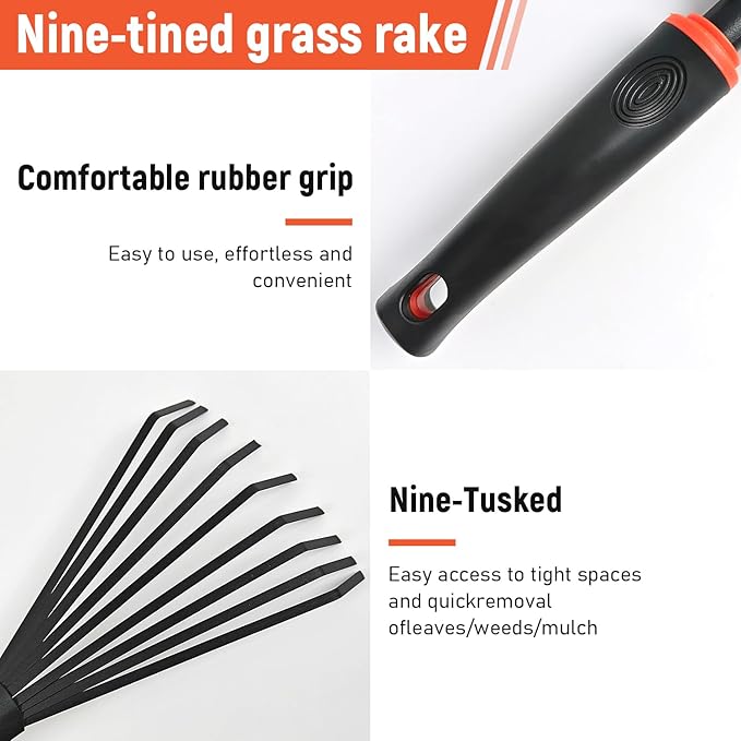 Small Hand Rake, Stainless Head and Tines, Gardening Hand Tool with Ergonomic Handle and Hanging Hole for Storage for Maintaining Raised Garden Beds
