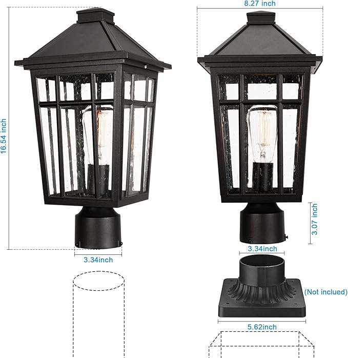 Darkaway Large Outdoor Post Lights Lamp Post Light Fixture, 17inch Waterproof Aluminum Post Lamp with Glass, Fence Deck Lighting for Garden, Patio, Pathway (Large，Black)
