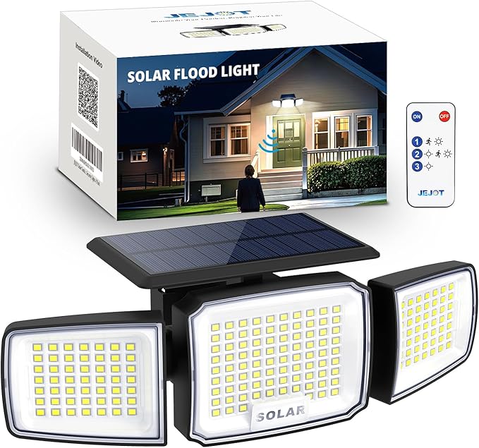 Solar Security Light Outdoor Super Bright LED, Motion Sensor Flood Light, 3 Heads 270° Wide Angle,Remote Control, IP65 Waterproof, 3 Modes (1 Pack)