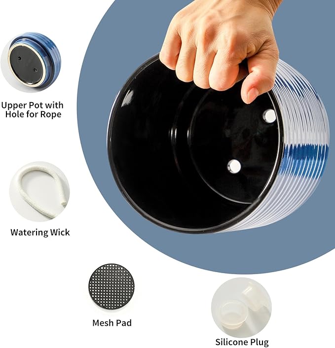 HASENSE Plant Pot, 6 Inch Ceramic Plant Pot with Drainage System and Matching Saucer, Ideal for Indoor Herb Gardens and Office Spaces,Modern Blue Home Office Decorative Gifts