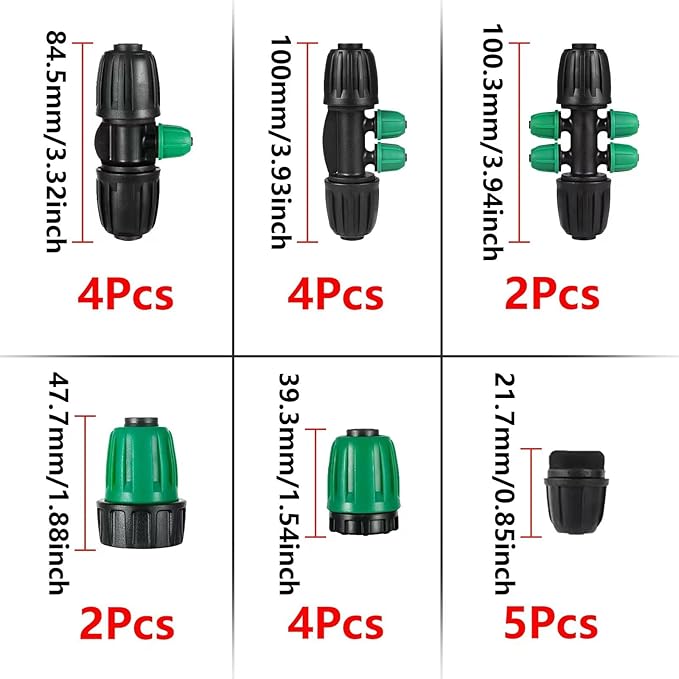 US Standard Faucet Adapter 2pc, 3/4 "Faucet to 1/2" Drip Irrigation Fitting,2pc 6-way Connector 4pc 4-way Connector 4pc 3-way Connector 4pc 1/2 End Plug 5pc 1/4 End Plug