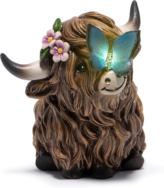 basen Solar Powered Highland Cow Statue for Garden, Resin Outdoor Decor with Illuminated Butterfly, Waterproof Lawn Yard Ornament with Auto On Off Light for Patio Backyard