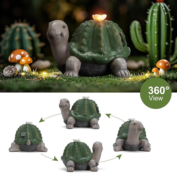 Solar Cactus Turtle Statue Garden Decor Light - Outdoor Decorative LED Flower, Suitable for Patio, Lawnand Garden Decorations, Gifts for Mom