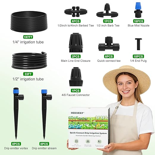 230FT Quick-Connect Drip Irrigation System Kit with 1/4” & 1/2” Fast-Lock Tubing, Adjustable Emitters & Sprinklers for Garden & Greenhouse