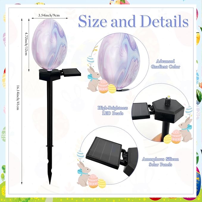 2 Pack Solar Easter Egg Lights Outdoor, Waterproof Solar Easter Yard Decorations Outdoor Easters Yard Stakes Lights for Outside Lawn Walkway Patio Cemetery Grave (Blending Colors)