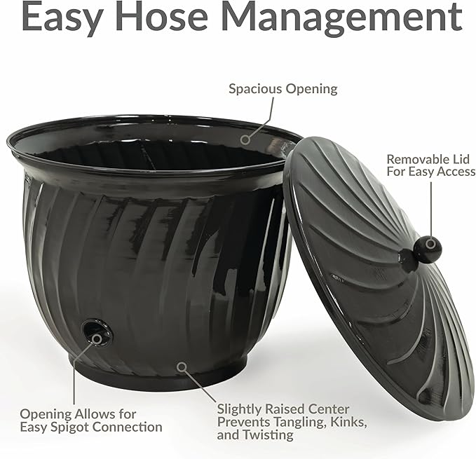Sunnydaze Metal Garden Hose Holder Pot with Lid - UV-Resistant 145-Foot Garden Hose Pot Holder - Black Glaze Finish