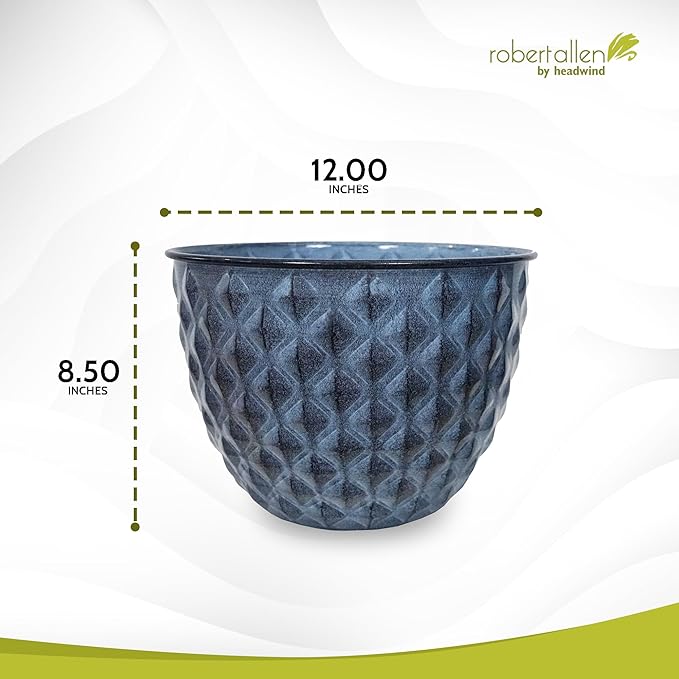 Headwind Glazed Ironstone Diamonte Collection – Capri Blue 12-Inch Decorative Plant Pot, Indoor & Outdoor, Vintage Diamond-Textured, Lightweight & Weather-Resistant for Garden Use by Robert Allen