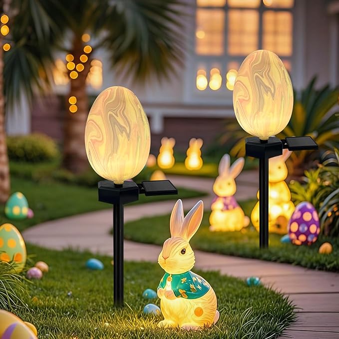 2 Pack Solar Easter Egg Lights Outdoor, Waterproof Solar Easter Yard Decorations Outdoor Easters Yard Stakes Lights for Outside Lawn Walkway Patio Cemetery Grave (Blending Colors)