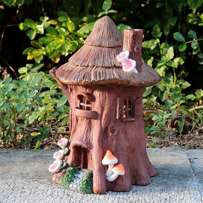 Solar Light Fairy Tree House - Fun Natural Figurine Sculpture with Solar LED Lights for Indoor Outdoor Art Decorations, Patio Yard Lawn Ornaments Gift