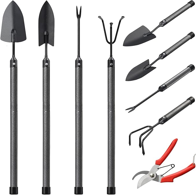 Garden Tool Set, 5-Piece Heavy Duty Gardening Tools Kit with Extendable Handle, Metal Trowel, Cultivator, Weeder, Pruner, Back-Saving Grips for Yard Raised Bed, Rust-Proof, Gift for Women, Men, Kids