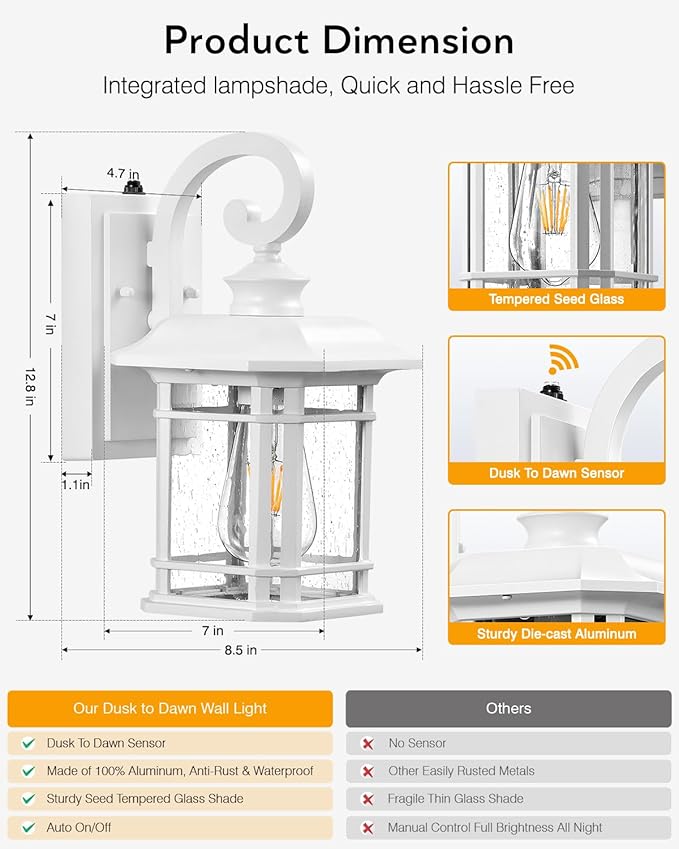 VIANIS White Exterior Lighting Fixtures, 2 Pack Porch Lights Outdoor, Outdoor Wall Lights Dusk to Dawn, Anti-Rust Outdoor Lighting for House, Porch, Garden, Doorway, Seed Tempered Glass