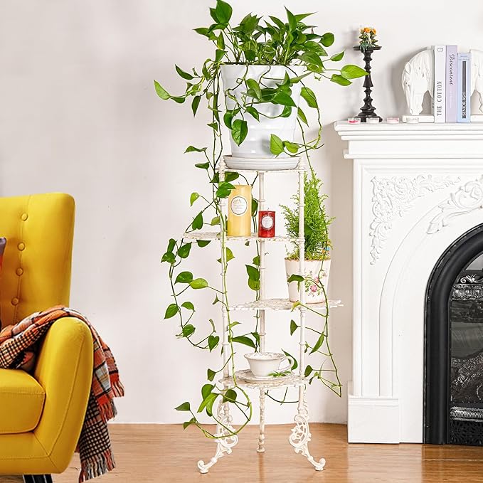 Sungmor Vintage Cast Iron 4-Tier Plant Stand, Elegant Butterfly & Floral Design with Antique White Finish, 36 Inch Tall Rustic Flower Pot Holder, Heavy Duty Metal Display Shelf for Indoor and Outdoor