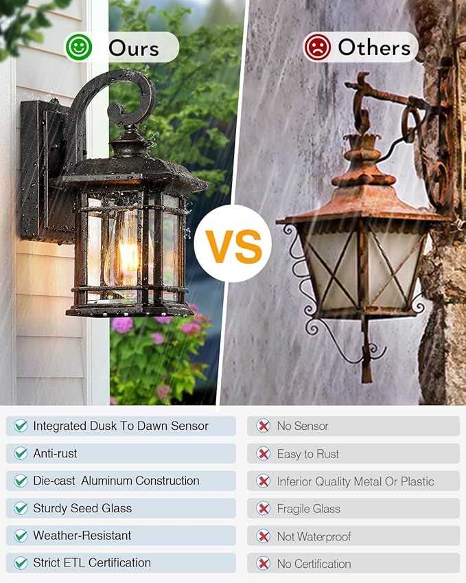VIANIS Exterior Lighting Fixtures Dusk to Dawn, 2 Pack Outdoor Light Fixture, Oil Rubbed Bronze Porch Lights with Seed Tempered Glass, Outside Lights for House, Garage, Doorway, Patio