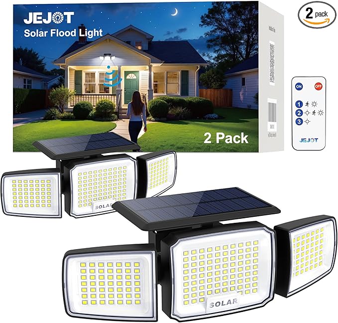 Solar Security Light Outdoor Super Bright LED, Motion Sensor Flood Light, 3 Heads 270° Wide Angle, Remote Control,IP65 Waterproof, 3 Modes (2 Packs)