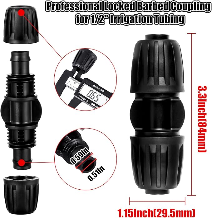 12pc 1/2 inch Drip Irrigation Coupling Fittings,ANTI-DROP Lock Barbed Irrigation Coupling For (1/2" ID x0.6-0.63" OD) Drip Tubing Drip Irrigation Fittings
