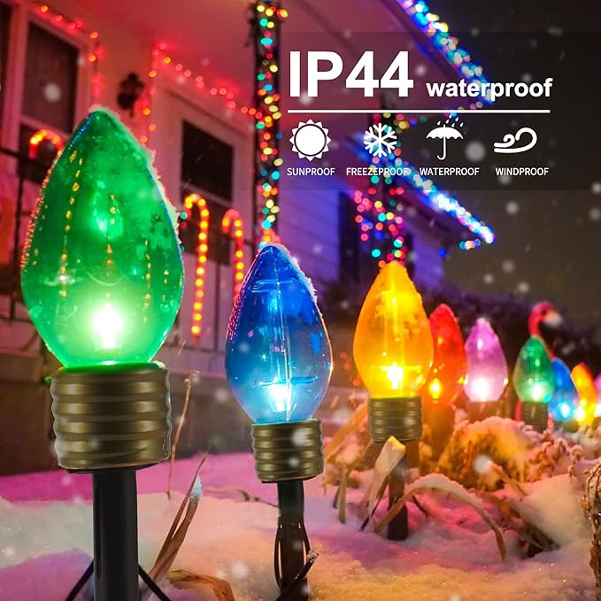 2 Pack Christmas Lights Jumbo C9 Outdoor Lawn Decorations with Pathway Marker Stakes, Total 21Ft 10 LED C7 Lights Covered Jumbo Glitter Multicolor Bulb for Holiday Outside Yard Garden Decor