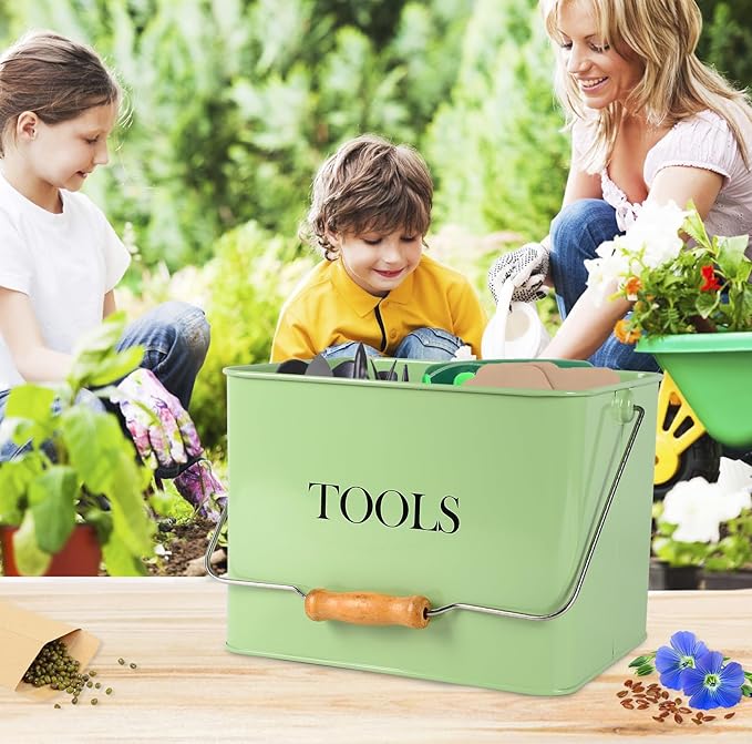 Xbopetda Garden Tool Organizer, Metal Tool Caddy with 3 Compartments, Portable Garden Tool Basket with Handle, Gardening Tool Kit Holder Empty, Garden Tool Storage for Indoor and Outdoor Use - Green