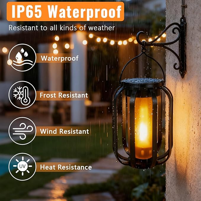 (New) 2 Pack Solar Lanterns Lights, Solar Lights Outdoor with Flickering Flame, 4 Modes Waterproof Hanging Lantern Decorative, Solar Powered Lanterns for Yard Patio Proch Tree Garden Decor