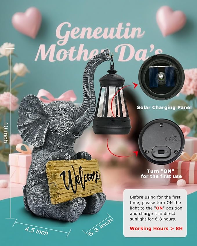 KVR Solar Elephant Garden Lights, Outdoor Welcome Statue Decor for Patio Yard, Birthday Gift for Women Mom Grandma (2025 New Gift Ready) (Black)