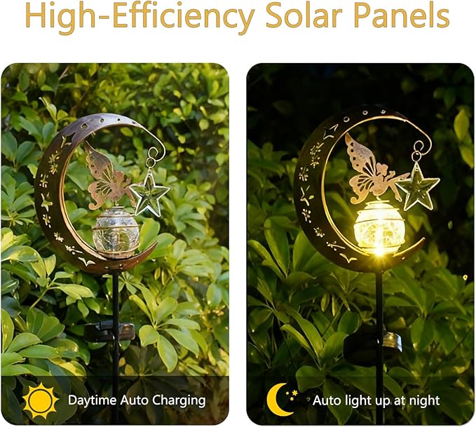 Solar Lights Garden Decorations Outdoor-Moon Fairy Lights with Crackle Glass Globe,Lawn Decorative Lights Waterproof Warm White LED, Decoration for Pathway Lawn Patio Courtyard Backyard(Moon Elf)