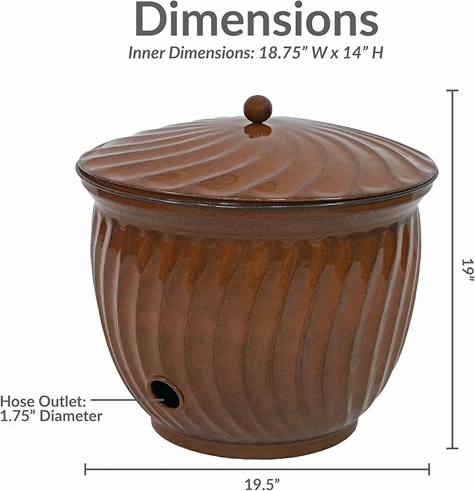 Sunnydaze Metal Garden Hose Holder Pot with Lid - UV-Resistant 145-Foot Garden Hose Pot Holder - Brown Glaze Finish