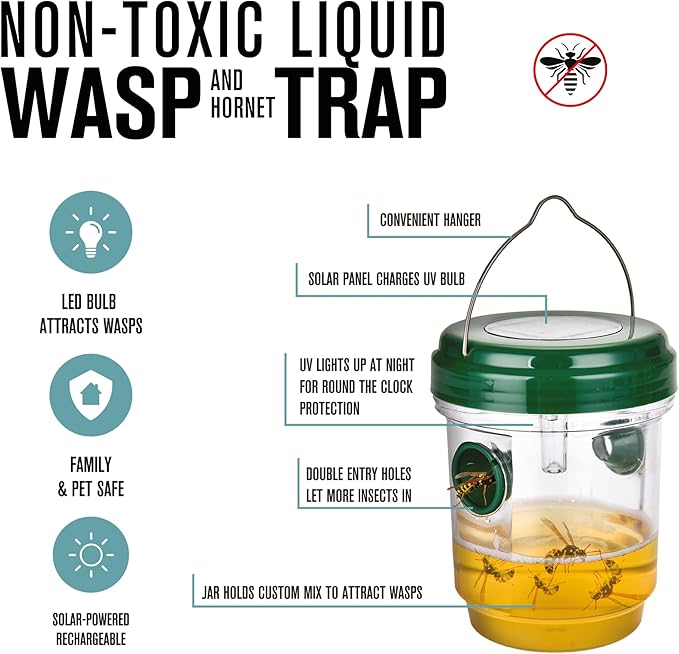 Brookstone Non-Toxic Liquid Wasp & Hornet Trap – Solar Powered Rechargeable LED Bulb, Eco-Friendly Wasp & Hornet Catcher for Gardens & Patios