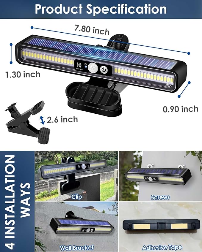 Clip on Solar Motion Sensor Lights Outdoor Waterproof with 36 LEDs, 6000K, 2 Pack Solar Powered Fence Lights for Outside Chain Link Fence Garage Gutter Camping (Cool White)