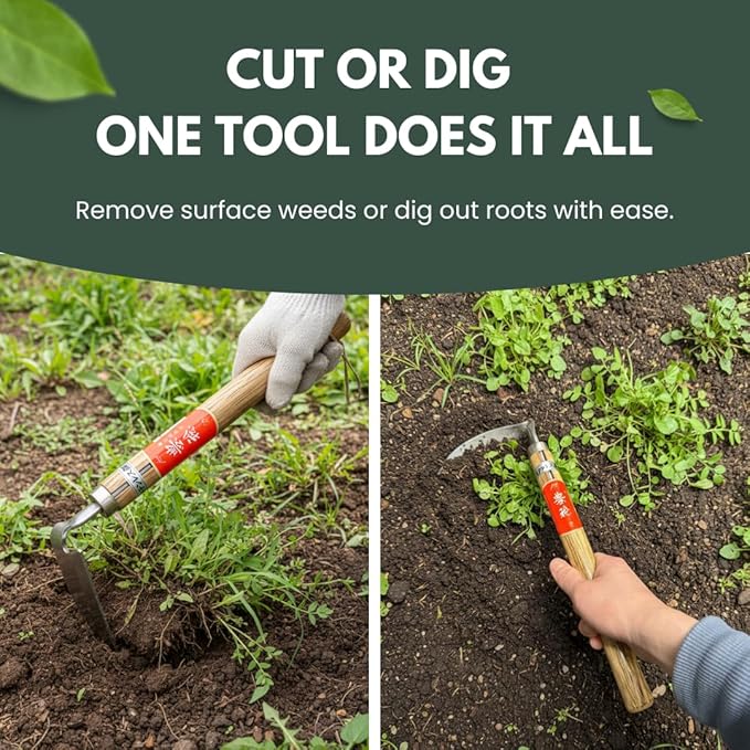 Hounen Miyawaki Japanese Weeding Sickle, Twisted Stainless Steel Kama Weeder (4.7 in (12 cm) Blade), 13 in (33 cm) Wood Handle, Root Slicer for Garden Beds & Crabgrass, Made in Japan