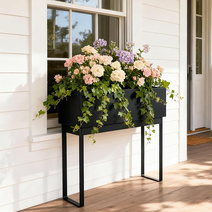 WORTH Raised Metal Planter Box with Legs, 28" Elevated Garden Bed for Indoor & Outdoor Use – Matte Black Galvanized Steel Planter with Inner Shelf, Drainage Hole & Plug for Vegetables, Flowers & Herbs