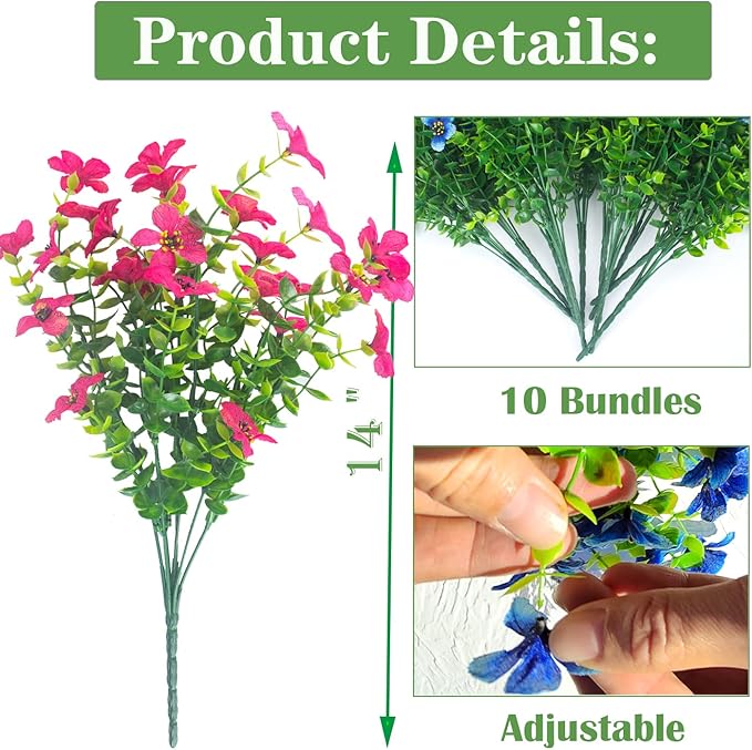 10 Bundles Artificial Flowers Outdoor UV Resistant Fake Flowers No Fade Faux Plants Garden Porch Window Box Decorating (Rose Red)