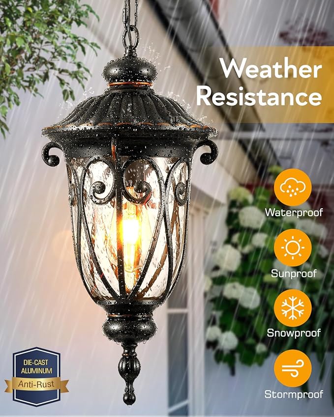 VIANIS Large Outdoor Pendant Light, Vintage Outdoor Chandelier, Farmhouse Waterproof Hanging Lights with Seed Glass, Ceiling Lights for Porch, House, Garden, Doorway, Anti-Rust
