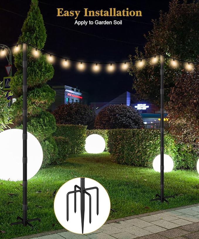 10Ft String Light Poles for Grass & Soil, Outdoor Light Stand with 5-Prong Fork Base, Heavy-Duty Metal Poles for Backyard, Garden & Patio Party Lighting, Rustproof & Adjustable