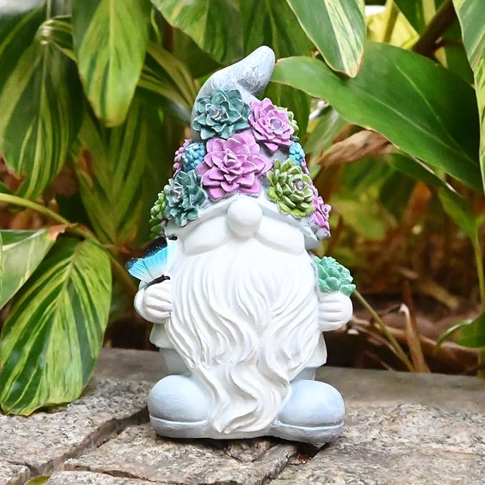 Solar Gnome Light up Figurine: Concrete Statue with Succulent & Butterfly Garden Decor Outdoor Decorations Yard Ornament - Mother’s Day Father’s Day Birthday Gift for Mom Dad Women