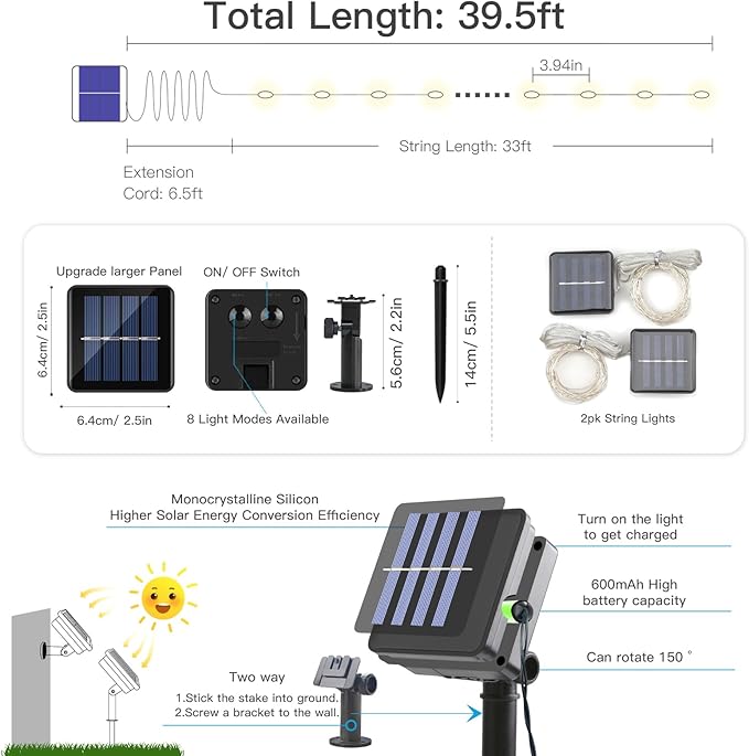 suddus Solar Fairy Lights Outdoor Waterproof, 2 Pack 33ft 100 LED Solar Twinkle Lights, 8 Modes White Solar Christmas Lights for Backyard Trees Patio Deck Garden Birthday Party Wedding Decorations
