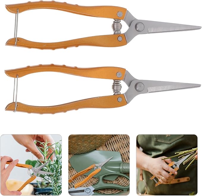 VANZACK 2pcs Stainless Steel Garden Pruning Shears Heavy Duty Plant Clippers for Fruit Tree and Vegetable Trimming, Large Gold Gardening Hand Tools for Orchard and Vineyard Use