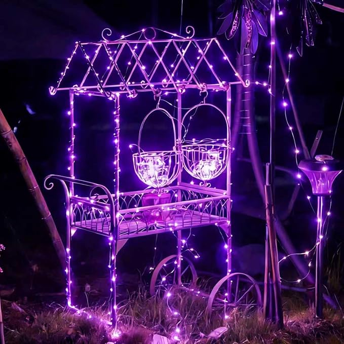 QITONG 4 Pack Solar Fairy Lights, Each 33ft 100 LED Purple Christmas String Light Outdoor Waterproof, 8 Modes Silver Wire Twinkle Mini Lights