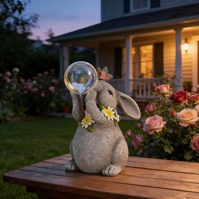 Solar Rabbit Statue Garden Decor Gift, Bunny Outdoor Decorations with Waterproof LED Light for Yard, Patio, Lawn & Garden, Ideal Gift for Birthday, Easter, and Housewarming Décor