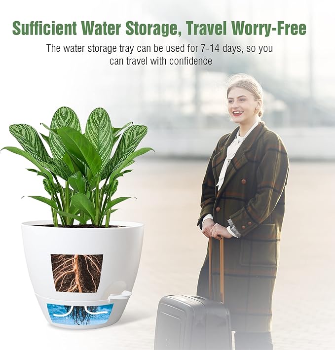 10 inch Self Watering Planters, 2 Pack Large Plastic Plant Pots with Deep Reservior and High Drainage Holes for Indoor Outdoor Plants and Flowers, White