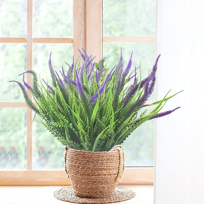 10 Bundles Artificial Plants Outdoor Fake Grass with Flowers UV Resistant Greenery Garden Porch Window Box Decorating (Purple)