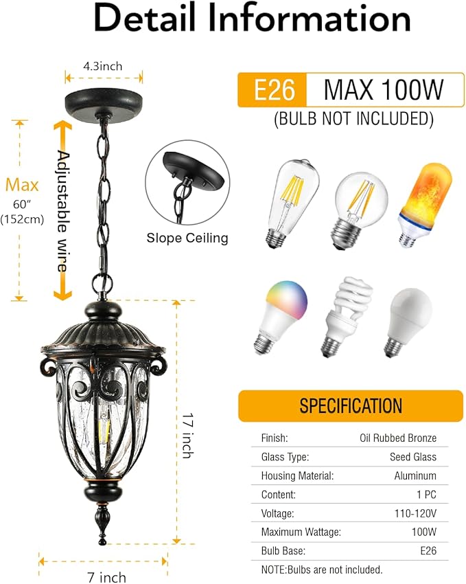 VIANIS Outdoor Pendant Light Lantern, Farmhouse Outdoor Chandelier, Vintage Outdoor Hanging Lights with Seed Glass, Brown Ceiling Lights for Porch, Porch Lights Ceiling for House