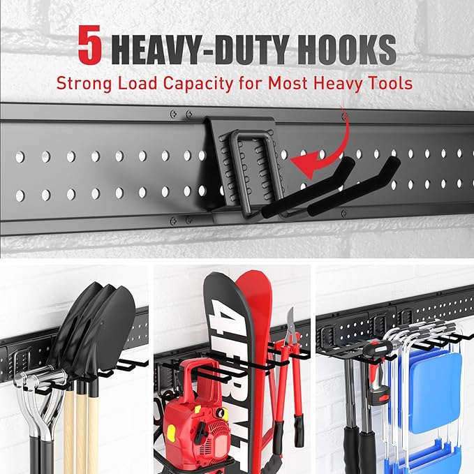 ZICANYCO Garage Tool Organizer Wall Mount 48 inches with 10 Adjustable Heavy-Duty Hooks, Garage Organization, Garden Tool Storage Rack, Yard, and Shed, Holds Up to 400 lbs