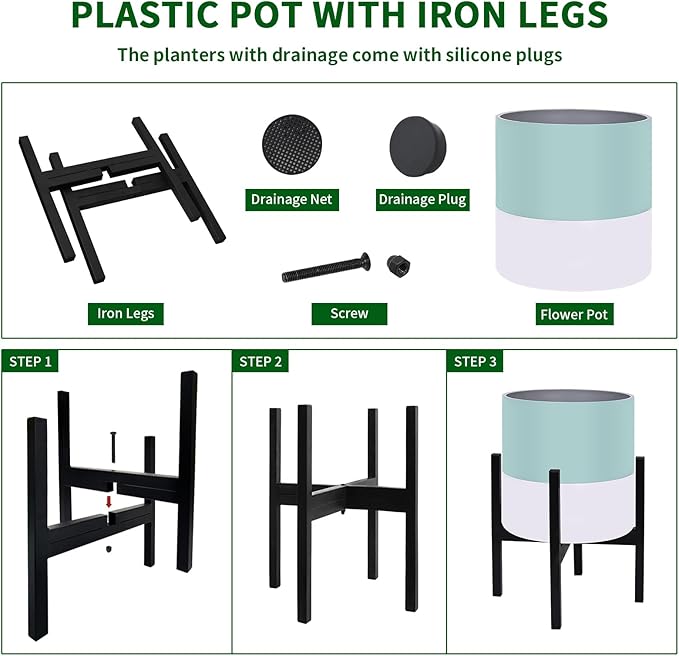 10 & 12 Inches Plant Pots with Stand-Large Indoor Planters with with Drainage Holes,Modern Planting Pots with White and Green Color Matching for Living Room, Office, Garden Or Balcony