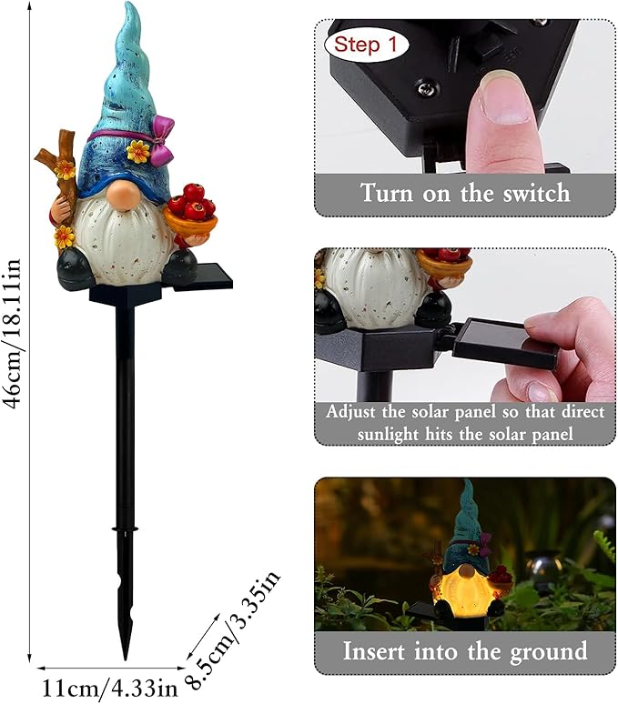 Solar Gnome Garden Lights, Outdoor Gnome Statue with Flowers & Apple, Solar Powered Fairy Garden Lights Gnome Decorations for Home Outside Yard Lawn Patio Gnomes Gifts (Blue)