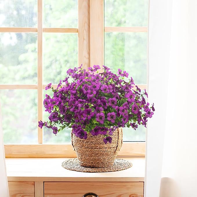 10 Bundles Artificial Flowers Outdoor UV Resistant Fake Flowers No Fade Faux Plants Garden Porch Window Box Decorating (Light Purple)