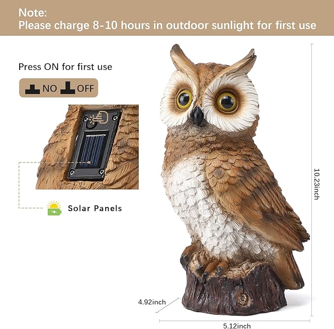 Solar Owl Garden Statues Outdoor Decor Resin Owl Figurine with LED Lights Owl Sculpture for Porch Patio Lawn Yard Decorations Christmas Housewarming Gifts for Women Mom,Brown Owl