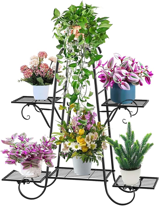 CarolynDesign 6 Tier Plant Stands for Indoors and Outdoors, Flower Pot Holder Shelf for Multi Plants, Black Metal Plant Stand for Patio