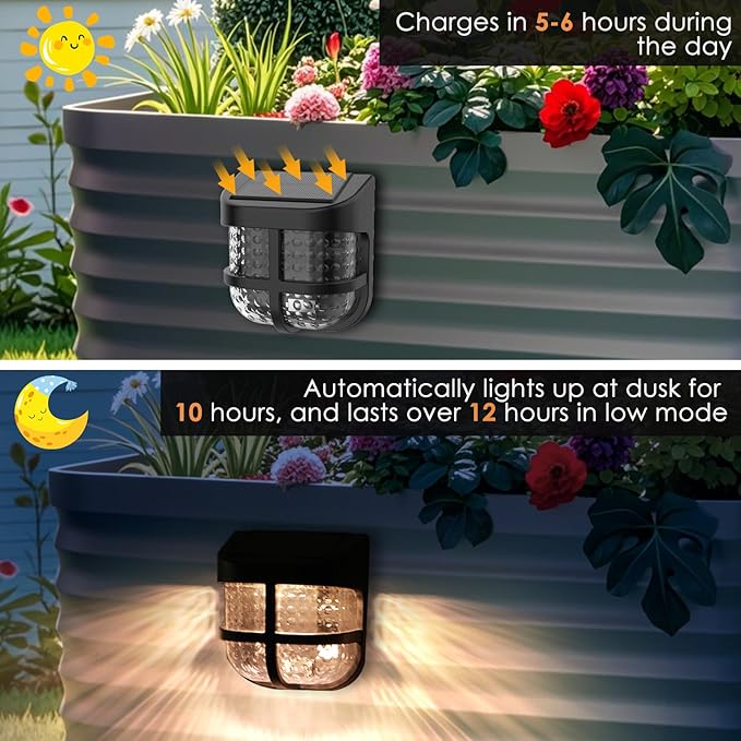 Energetic Solar Powered Garden Lights with Dusk to Dawn Sensors, Magnetic Solar Lights Outdoor, Waterproof, 3000K Warm White, LED Fence Lighting for Planter Raised Beds, FCC, Black, 4 Pack