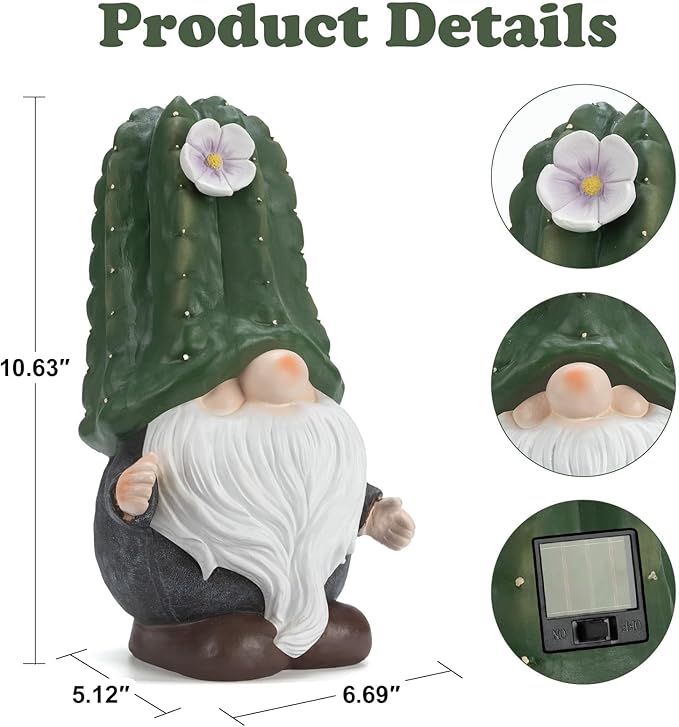 Solar Cactus Gnome Statue Garden Decor Light - Outdoor Decorative LED Flower, Suitable for Patio, Lawnand Garden Decorations, Gifts for Mom