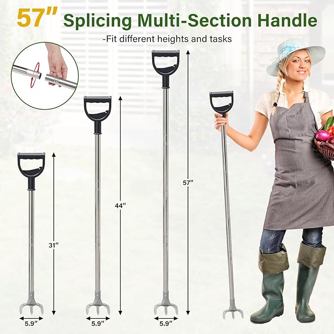 Hand Rake Garden Tool - 57" Long Handle Soil Tiller Cultivator Weeding Rake, 3-Tine Heavy Duty Carbon Steel with D-Grip for Effortless Weeds Digging, Soil Loosening, Planting